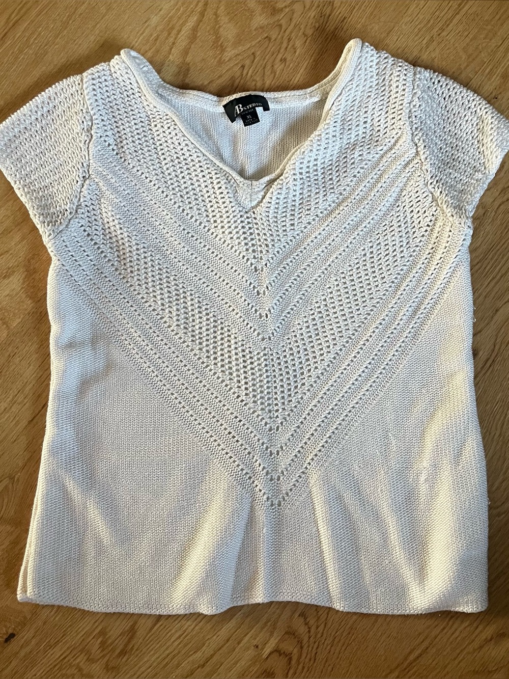 AB Studio Knit Crochet Top Cotton Blend White Short Sleeve V Neck XL Y2K